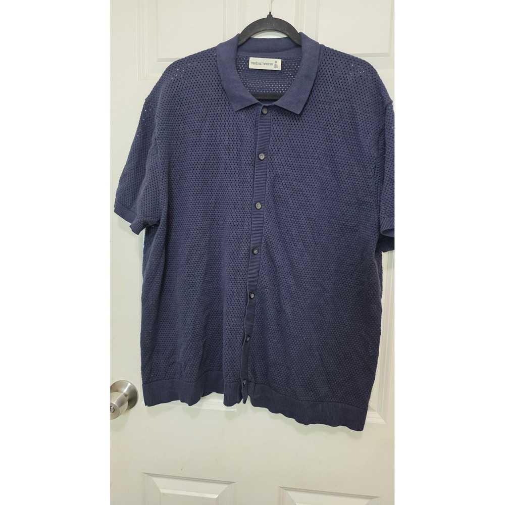 Mutual Weave Knit Button Down Shirt Mens XXL Navy Blue Pointelle Cotton Beach